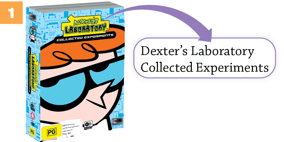 Capa de DVD. Número 1. Ilustração do rosto de Dexter, um menino de cabelo laranja, óculos grandes e pretos, nariz pontudo e roupa branca. Na parte superior lê-se DEXTER'S LABORATORY COLLECTED EXPERIMENTS.