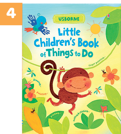 Capa de livro. Número 4. No centro, lê-se o título: LITTLE CHILDREN'S BOOK OF THINGS TO DO. Abaixo há uma lustração de um macaco de pelo marrom segurando em um cipó verde. Ao redor há diversas folhas e flores.