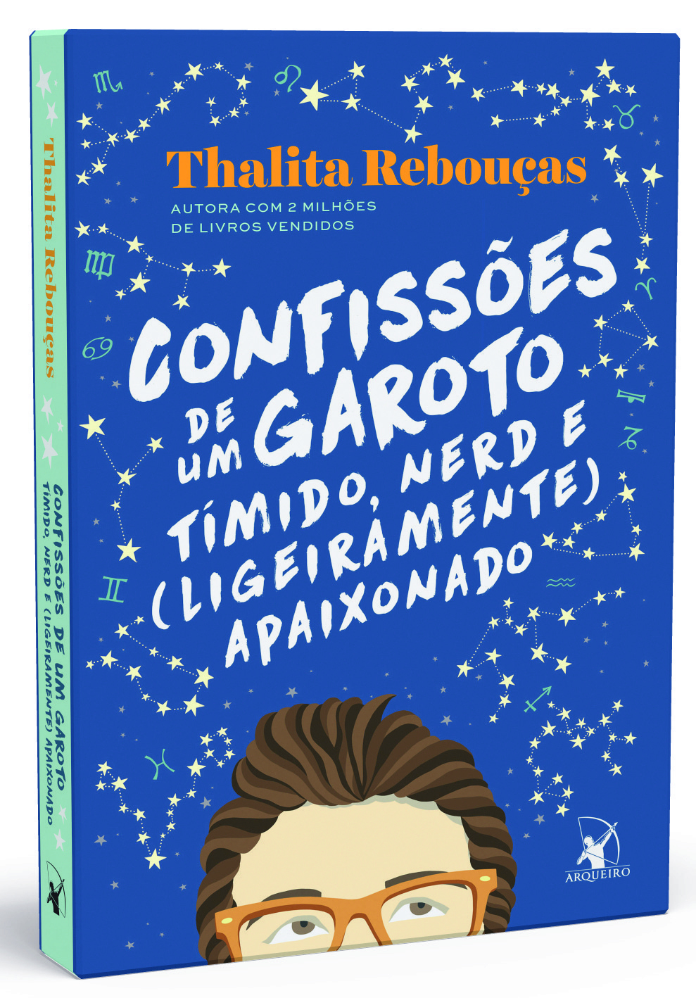 Capa de livro. Na parte superior lê-se: THALITA REBOUÇAS. No centro, lê-se CONFISSÕES DE UM GAROTO TÍMIDO, NERD E (LIGEIRAMENTE) APAIXONADO. Na parte inferior, há uma ilustração da metade superior do rosto de um garoto de cabelo castanho, usando óculos quadrados e marrons. Acima dele há o céu com estrelas.