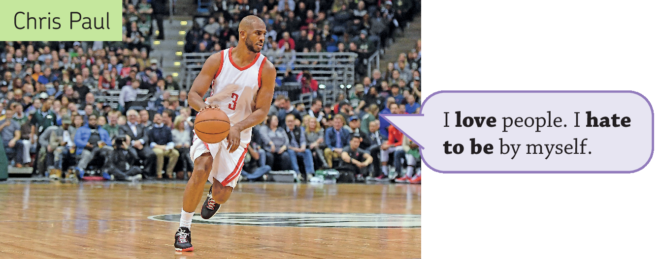 Fotografia. Chris Paul, um homem careca, barba curta, usando uniforme branco com linhas vermelhas, está segurando uma bola de basquete e olhando para frente. Ele está correndo. Ao fundo, há uma arquibancada. Ao lado da fotografia há a ilustração de um balão de fala roxo com o seguinte texto: I love people. I hate to be by myself. As palavras love, hate e to be estão destacadas na frase.