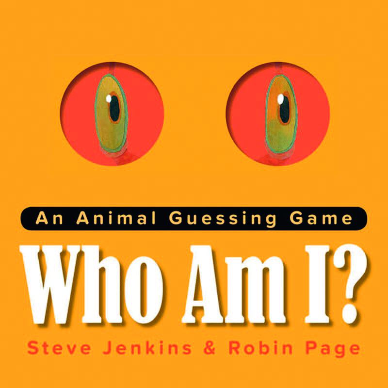 Capa de livro. No centro, há uma ilustração de dois olhos vermelhos com a íris verde e a pupila preta. Abaixo, lê-se: AN ANIMAL GUESSING GAME. WHO AM I? Na parte inferior, lê-se STEVE JENKINS AND ROBIN PAGE. O fundo é laranja.