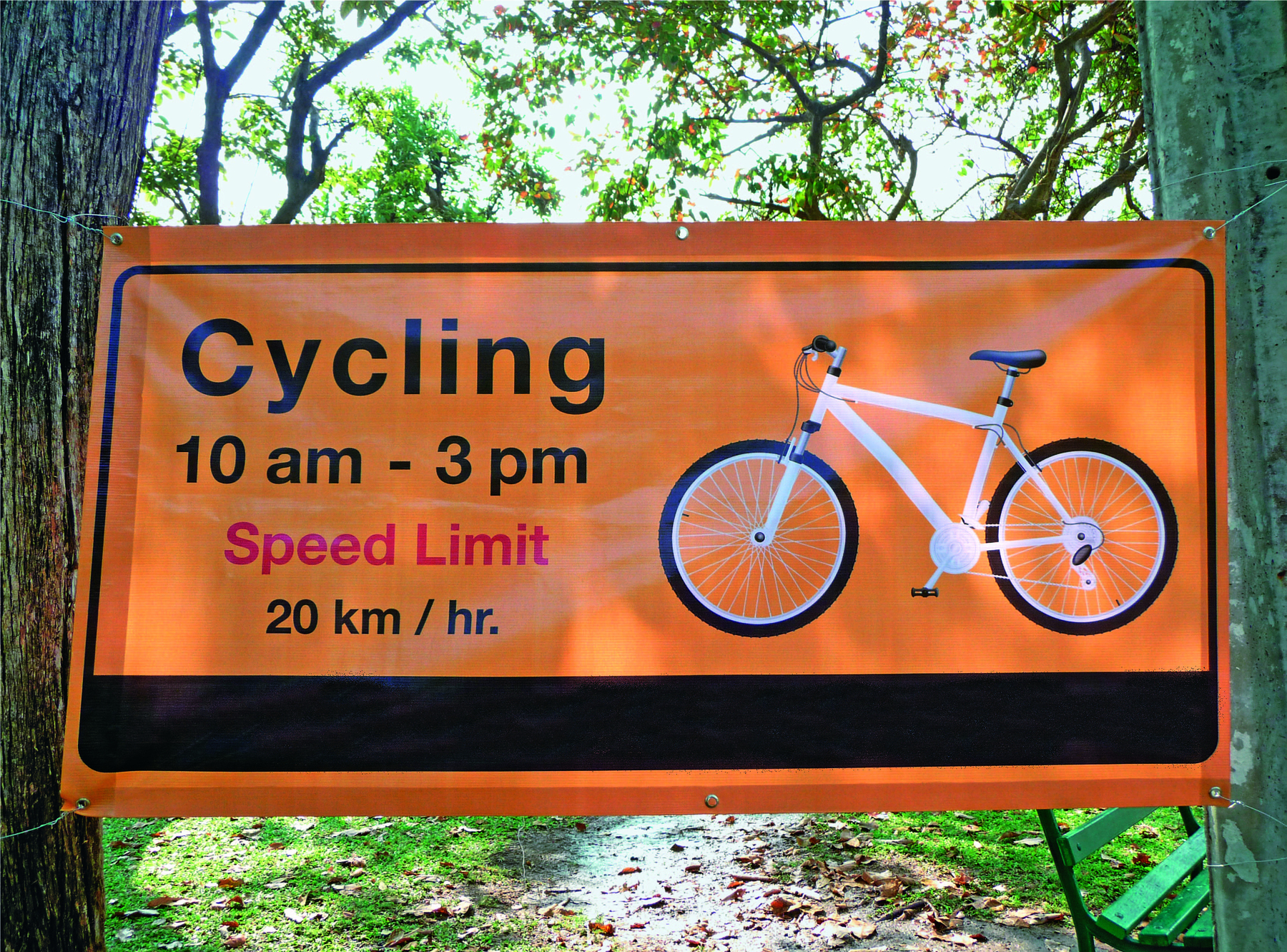 Fotografia. Uma placa laranja presa a um tronco de árvore. Na placa lê-se: CYCLING. TEN AM. TO THREE PM. SPEED LIMIT: TWENTY KILOMETERS PER HOUR. Ao lado, há uma ilustração de uma bicicleta. Ao fundo, atrás da placa, há folhas de árvores.