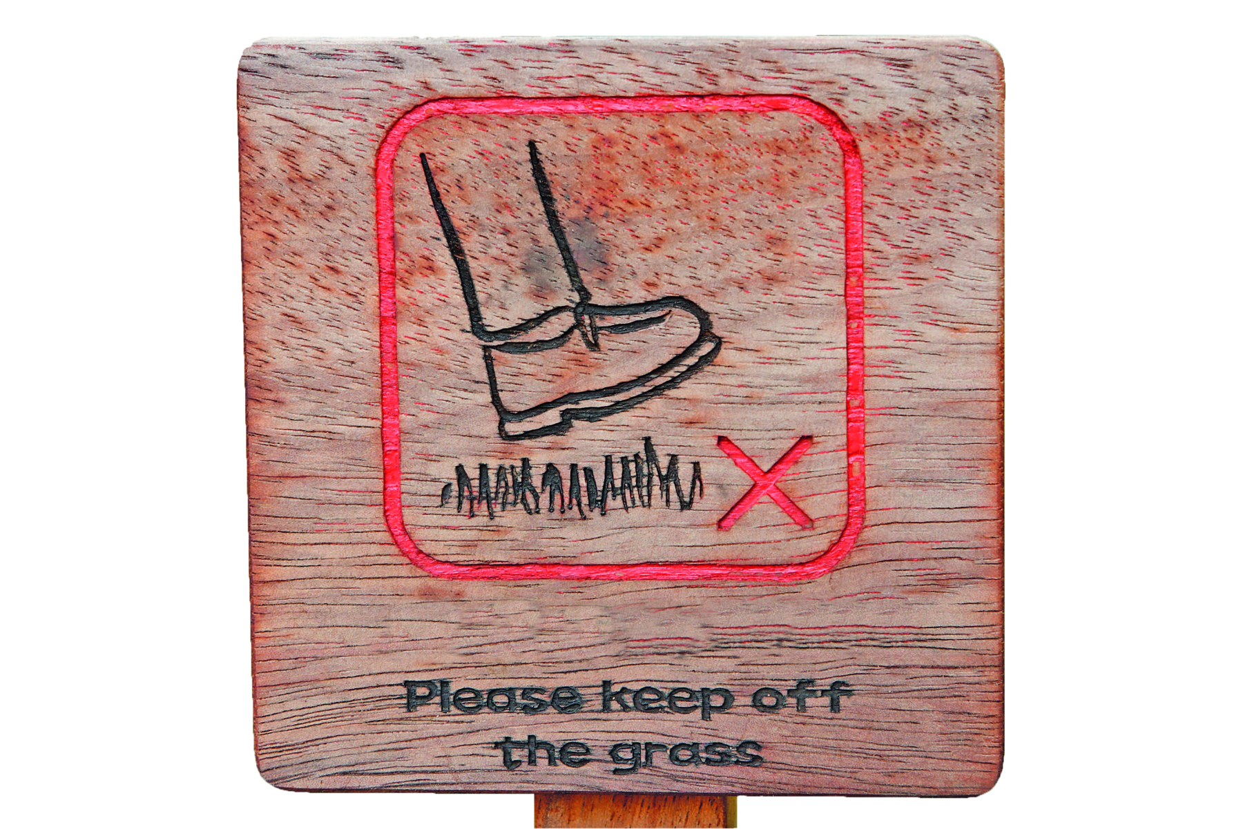 Fotografia. Letra b. Paca de madeira com uma ilustração de um pé com sapato pisando na grama. Ao lado da ilustração há um ‘X’ vermelho. Abaixo, lê-se: PLEASE KEEP OFF THE GRASS.