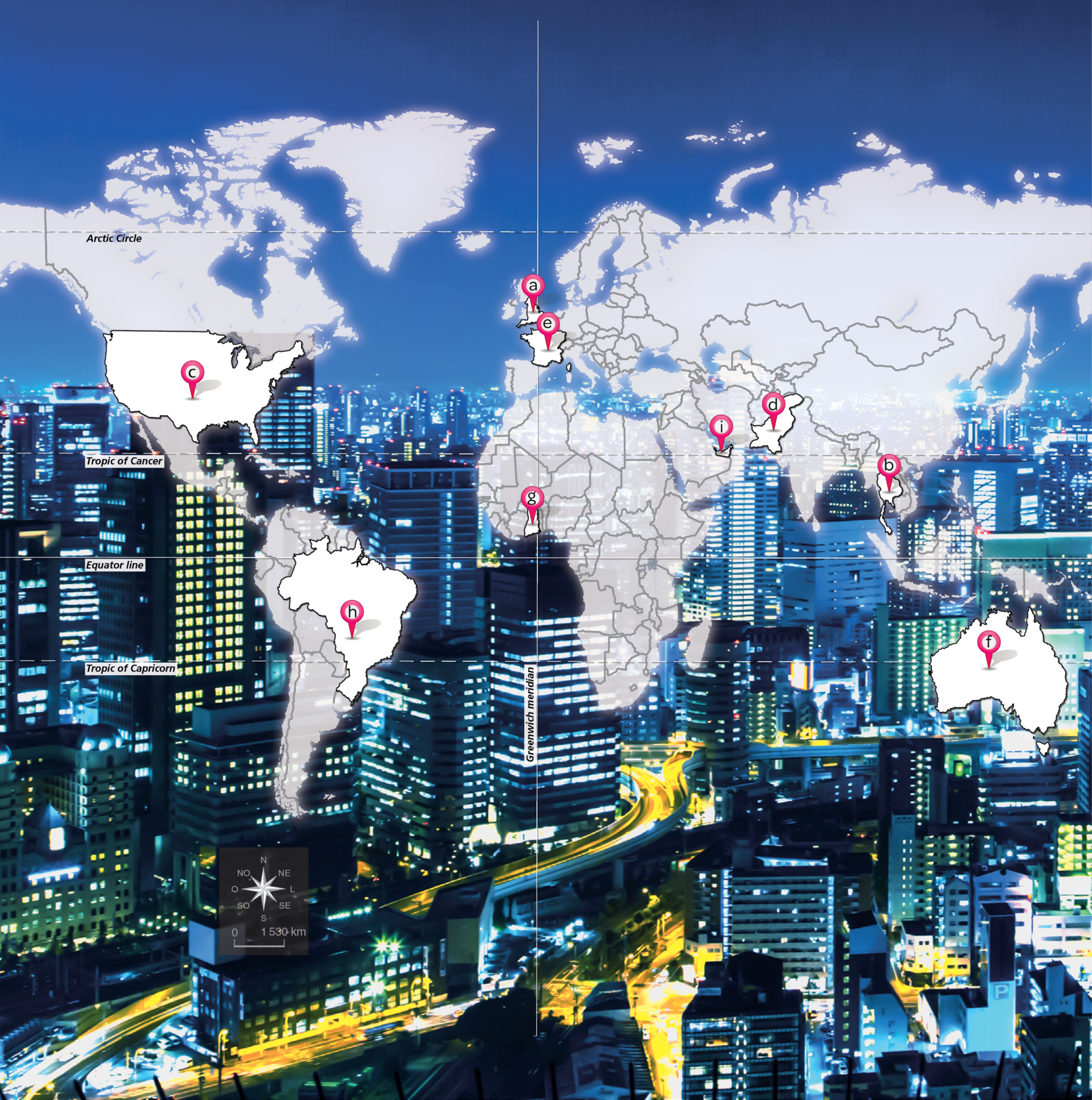 Composição de fotografia com ilustração. Página de abertura da seção Welcome Unit. Um mapa múndi sobreposto à imagem de prédios de uma grande cidade. No mapa estão marcados com tachinhas alguns países em destaque: a. Inglaterra; b. Tailândia; c. Estados Unidos da América; d. Paquistão; e. França; f. Austrália; g. Gana; h. Brasil. No mapa também se veem os seguintes itens: Arctic Circle, Tropic of Cancer, Equator Line e Tropic of Capricorn.