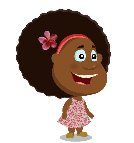 Ilustração. A personagem Guilhermina, uma menina negra, de cabelo cacheado, usando uma tiara, uma flor vermelha presa ao cabelo e um vestido branco com flores rosas. Ela está em pé sorrindo. Abaixo, uma caixa de texto onde se lê: Guilhermina – An 8-year old girl, she's very outgoing.