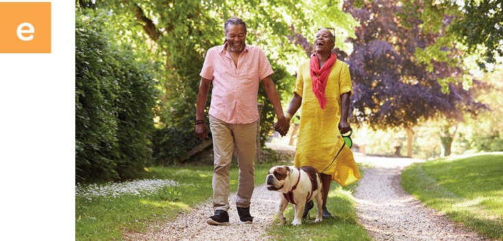 Fotografia. Letra e. Um homem e uma mulher estão de mãos dadas. A mulher segura um cachorro pela coleira. No fundo há uma trilha e um jardim.