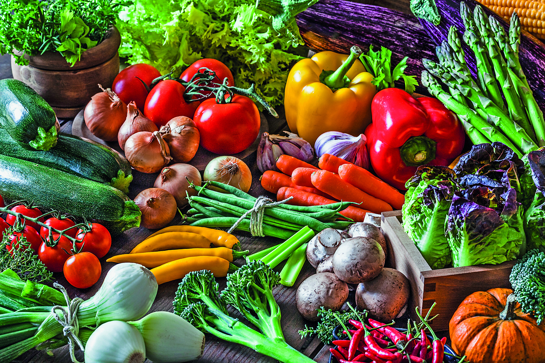 Fotografia. Uma mesa com alface, pimentões, cenouras, beterrabas, tomates, pepinos, aspargos, cebolas, abóboras, entre outros.