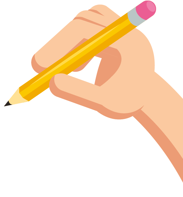 Ilustração. Uma mão segurando um lápis e apontando na direção da página.