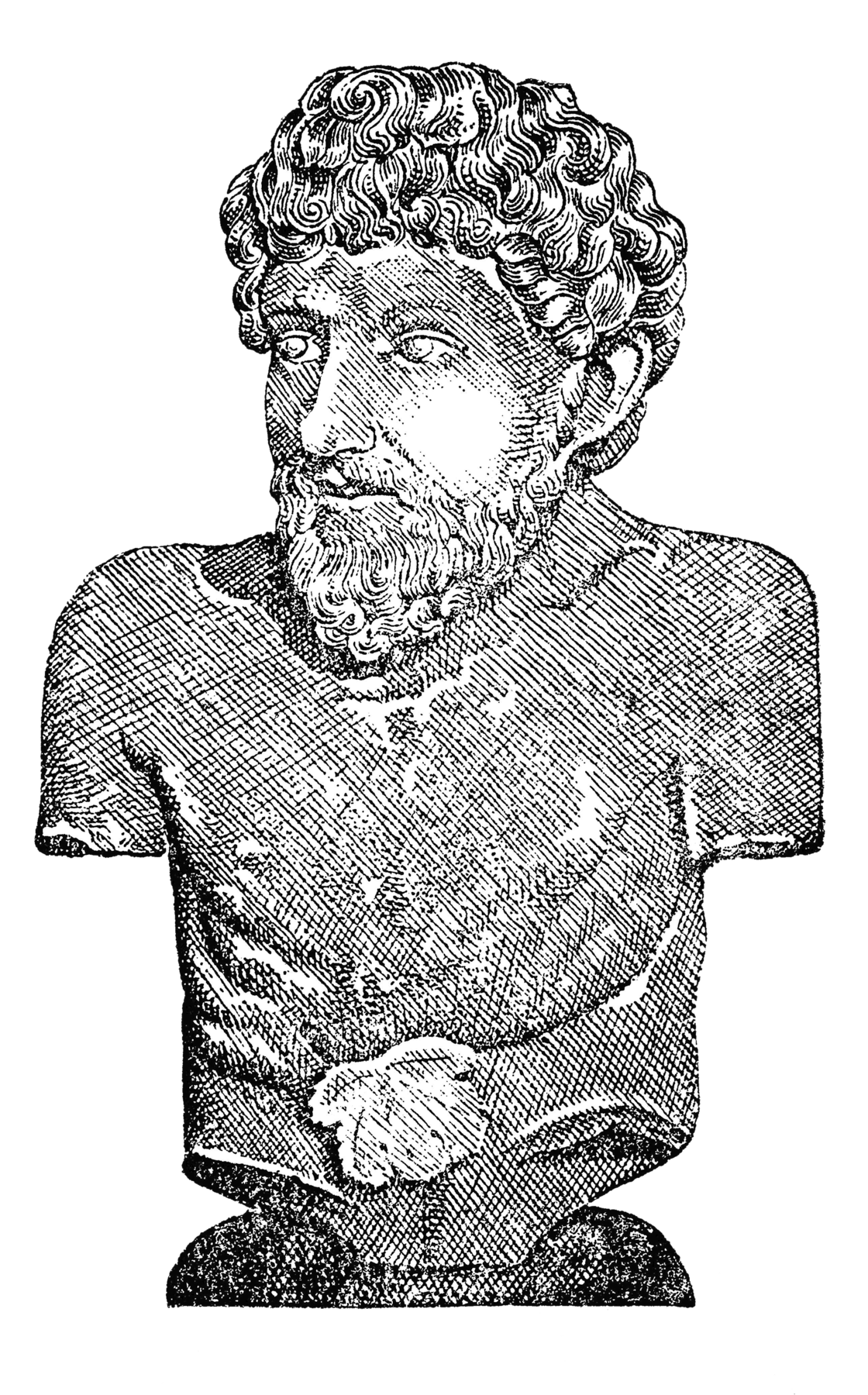 Ilustração. Busto de Esopo, um homem com cabelo cacheado e barba longa. Vê-se a cabeça e o tronco de Esopo, mas não há os braços.
