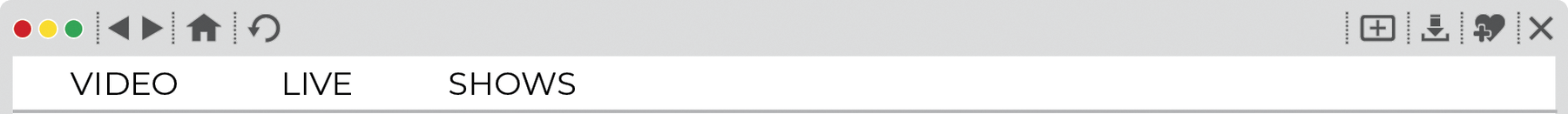 Reprodução de página da internet.  Na parte superior branca, três links com os seguintes textos: VIDEO, LIVE, SHOWS.