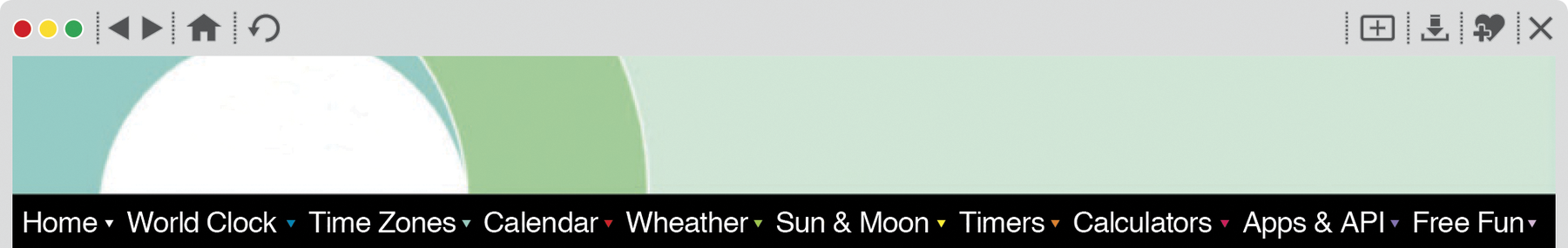 Reprodução de página da internet. Aba preta com os itens HOME, WORLD CLOCK, TIME ZONES, CALENDAR, WEATHER, SUN AND MOON, TIMERS, CALCULATORS, APPS AND API, FREE FUN.