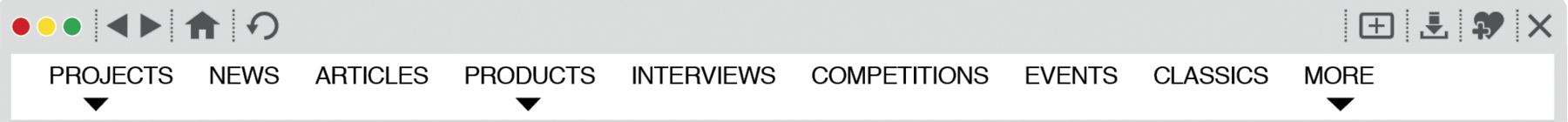 Reprodução de página da internet.  A parte superior tem os seguintes links: PROJECTS, NEWS, ARTICLES, PRODUCTS, INTERVIEWS, COMPETITIONS, EVENTS, CLASSICS, MORE.