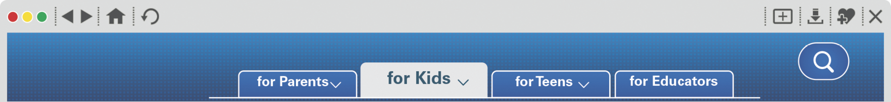 Reprodução de página da internet.  Na parte superior azul, quatro abas com os textos for Parents, for kids, for teens, for educators. A aba aberta é a for teens. À direita um botão com ilustração de lupa.