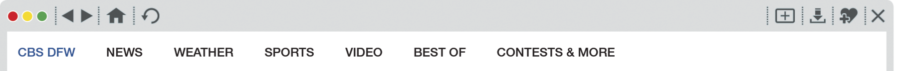 Reprodução de página da internet. Na parte superior, links: CBS DFW, NEWS, WEATHER, SPORTS, VIDEO, BEST OF, CONTESTS & MORE