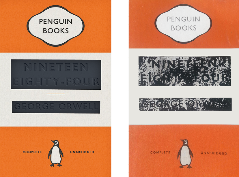 Capas de livro. Duas capas de livros laranjas. Em ambas, na parte de cima,  o nome da editora: Penguin books dentro de uma de um losango com pontas arredondadas. O título: Nineteen eighty four George Orwell. Na parte inferior da página, a ilustração de um pinguim entre o seguinte texto "complete unabridged".  A diferença entre as capas é que na segunda capa, o título e o nome do autor, na capa um estão cobertos por uma tarja de cor cinza escura e a ilustração, na capa dois, está mais descolorida e é possível ver o título e o nome do autor.