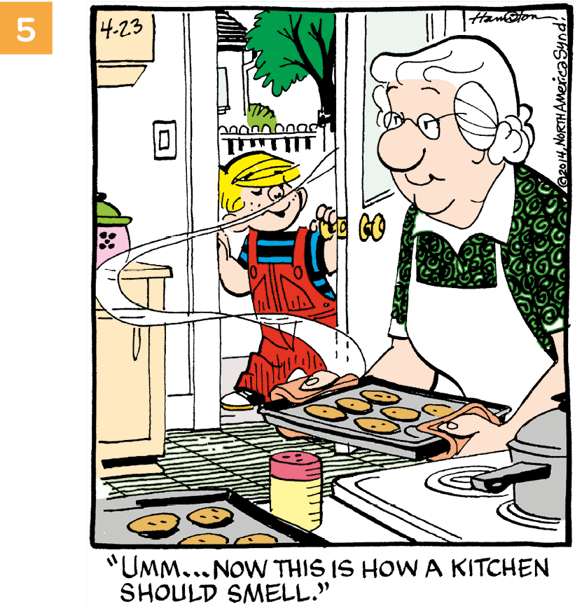 Cartum. Mulher de cabelo branco, óculos, vestido verde e avental segura uma bandeja de biscoitos em uma cozinha. Na porta, um menino loiro de camiseta azul listrada e macacão vermelho. Ele diz: Umm... Now this is how a kitchen should smell.