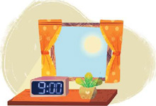 IMAGEM: um relógio marcando 9 horas, e atrás, uma janela mostrando o céu azul e o sol. FIM DA IMAGEM.