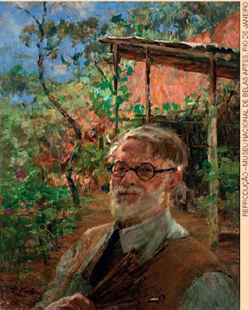 IMAGEM: pintura retratando um homem de barba branca e cabelos grisalhos em um jardim, vestindo camisa, colete e óculos de grau. FIM DA IMAGEM.