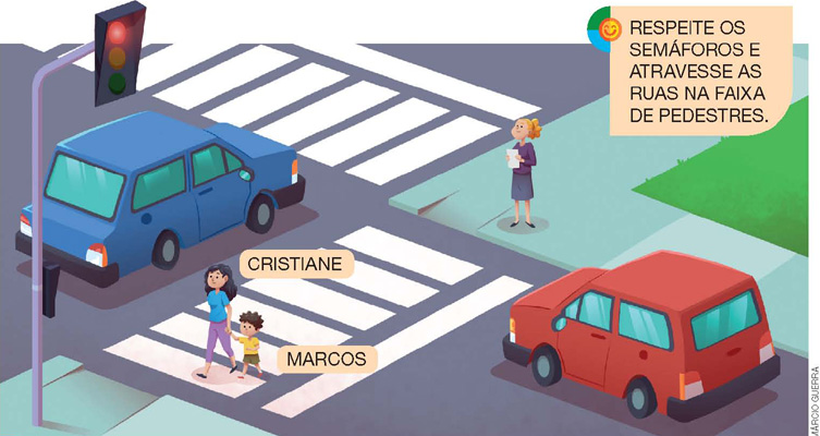 IMAGEM: marcos e cristiane estão de mãos dadas atravessando a rua pela faixa de pedestres, enquanto um carro aguarda parado no semáforo, que está vermelho. FIM DA IMAGEM.