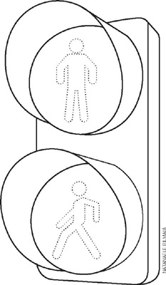 IMAGEM: um semáforo de pedestre em branco, composto por dois círculos, um em cima do outro, sendo que no primeiro há o desenho de uma pessoa parada, e no segundo, uma pessoa em movimento. FIM DA IMAGEM.