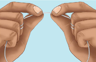 IMAGEM: um fio dental com as pontas enroladas nos dedos médios de duas mãos, com os dedos indicadores e polegares os segurando mais ao centro. FIM DA IMAGEM.