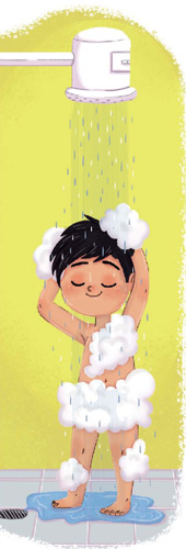 IMAGEM: uma menininha tomando banho com o corpo todo ensaboado. FIM DA IMAGEM.