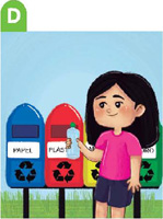 IMAGEM: uma menina descarta uma garrafa plástica na lixeira vermelha que indica descarte de plásticos. FIM DA IMAGEM.