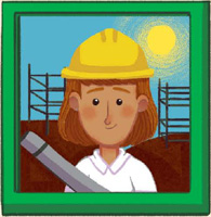 IMAGEM: Uma mulher com capacete em uma construção. Ela segura um cilindro com a planta de uma construção. FIM DA IMAGEM.