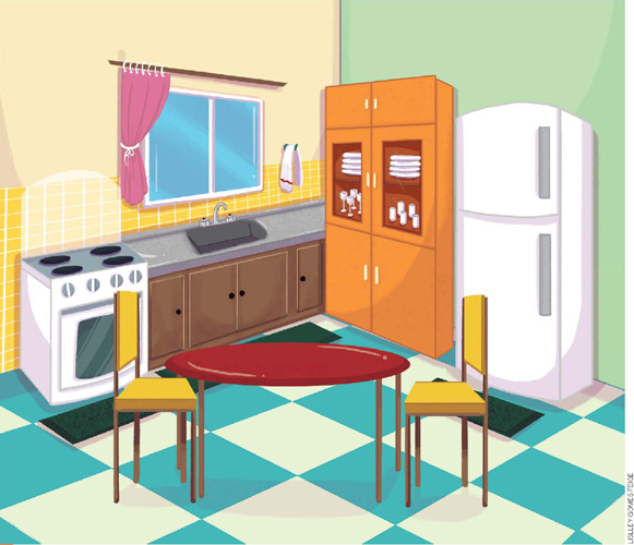 IMAGEM: uma cozinha com fogão, uma bancada com armários e uma pia em cima, uma janela com cortina, um pano de prato pendurado na parede, um armário com copos, taças e pratos dentro, uma geladeira, uma mesa redonda com duas cadeiras e dois tapetes no chão. FIM DA IMAGEM.