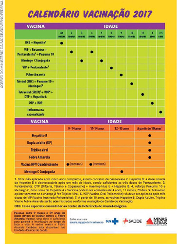 IMAGEM: reprodução do verso do folheto demonstrando o calendário de vacinação do ano de 2017, indicando quais são as vacinas aplicadas e para quais idades são direcionadas. FIM DA IMAGEM.