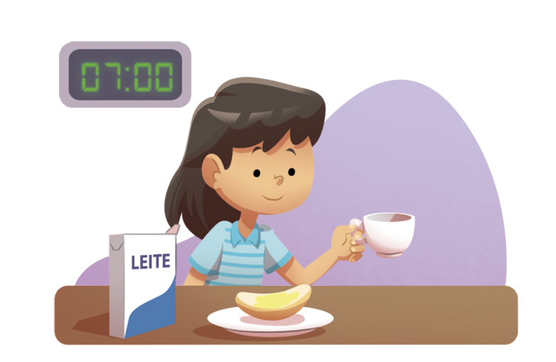 IMAGEM: um relógio está marcando 7 horas, e tânia está sentada à mesa tomando café, com uma banana e uma caixa de leite à frente dela. FIM DA IMAGEM.