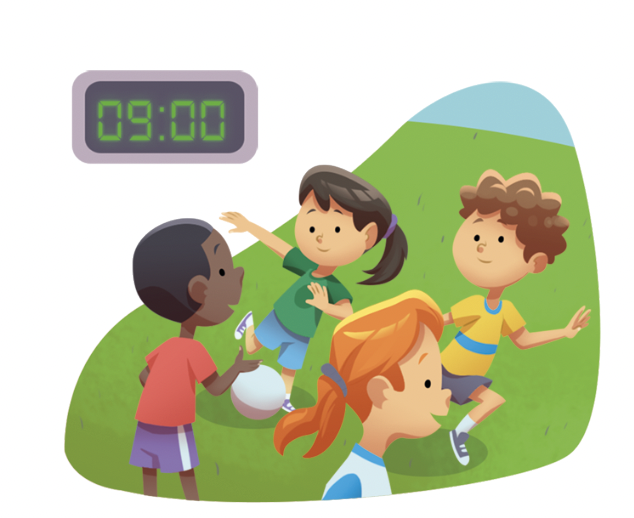 IMAGEM: o relógio marca 9 horas, e tânia está brincando de bola com outras crianças em um jardim. FIM DA IMAGEM.