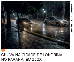 IMAGEM: Uma cidade em uma dia de chuva. Na legenda: chuva na cidade de Londrina, no Paraná, em dois mil e vinte. FIM DA IMAGEM.