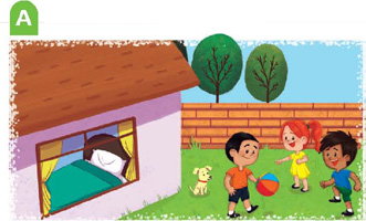 IMAGEM: em um dia ensolarado, três crianças brincam de bola no gramado do jardim ao lado de uma casa, enquanto um cachorrinho sentado os observa. FIM DA IMAGEM.