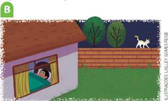 IMAGEM: durante a noite, a mesma casa com jardim da imagem anterior, pela janela, vemos um menino deitado na cama, dormindo, enquanto um gato caminha em cima do muro do lado de fora. FIM DA IMAGEM.