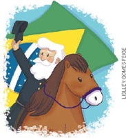 IMAGEM: um homem idoso com barba e cabelos brancos, montado em um cavalo com uma das mãos para cima, segurando seu chapéu. atrás dele está a bandeira do brasil. FIM DA IMAGEM.