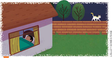 IMAGEM: uma casa com um jardim, em que vemos um menino dormindo pela janela do quarto, do lado de fora um gato caminha pelo muro do quintal. FIM DA IMAGEM.