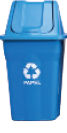 IMAGEM: lixeiras de material reciclável, lado a lado. lixeira azul para descarte de papel. FIM DA IMAGEM.