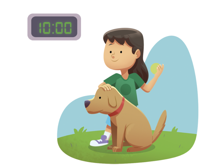 IMAGEM: o relógio marca 10 horas e tânia está brincando com um cachorro no jardim. FIM DA IMAGEM.