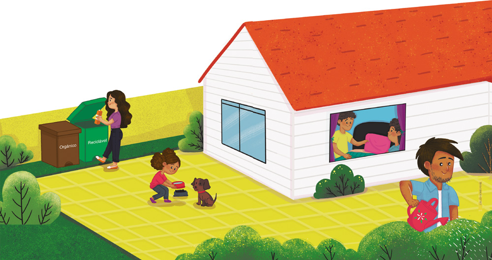 IMAGEM: o quintal e a casa de carla ilustrados. no quintal, carla dá comida e água para um cachorro. uma mulher joga lixo em uma lixeira verde para dejetos recicláveis que está ao lado de uma lixeira marrom para dejetos orgânicos. à direita, um homem rega plantas. do lado de dentro da casa, próximos à janela, dois adolescentes arrumam uma cama. FIM DA IMAGEM.