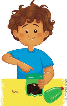 IMAGEM: um menino planta um grão de feijão em uma garrafa plástica cortada ao meio. há dois feijões ao lado do recipiente. FIM DA IMAGEM.