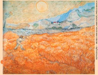 IMAGEM: reprodução do quadro trigal com ceifeiro, de van gogh. há um campo de trigo extenso, com montanhas ao fundo e o sol iluminando a paisagem. um homem trabalha no campo de trigo. FIM DA IMAGEM.