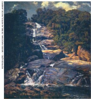 IMAGEM: na reprodução da pintura de henri nicolas há uma cascata com grandes pedras, fina queda dágua e árvores cercando o ambiente. FIM DA IMAGEM.