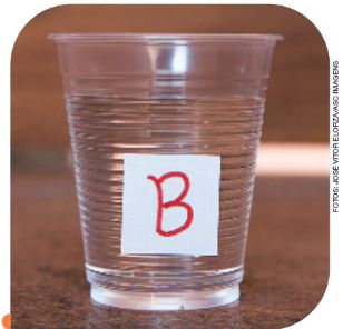 IMAGEM: copo plástico cheio de água com uma etiqueta indicando a letra b. o copo está em um ambiente sem luz solar direta. FIM DA IMAGEM.
