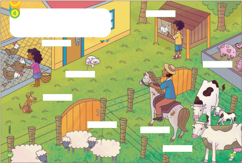 IMAGEM: ilustração de um sítio com diversos animais e áreas de habitação. a menina letícia alimenta galinhas em um galinheiro, um gato descansa no gramado em frente a uma casa. um pasto, com cêrca e portinhola, abriga ovelhas, vacas, um bezerro e um cavalo, montado por um homem. há também porcos em um chiqueiro e uma casinha de coelho que está sendo acariciado por um menino. FIM DA IMAGEM.