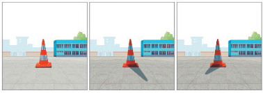 IMAGEM: um cone de trânsito ao ar livre, em um pátio, sem sombra projetada. a segunda imagem apresenta o cone de trânsito no mesmo pátio com a sombra projetada à direita. na terceira imagem o cone de trânsito está com sombra projetada à esquerda. FIM DA IMAGEM.