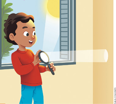 IMAGEM: no interior de uma casa, um menino segura um espelho próximo de uma janela aberta. a luz solar incide no espelho e se propaga em linha reta em direção à parede. FIM DA IMAGEM.