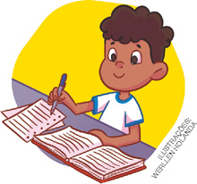 IMAGEM: um menino ilustrado anota em um caderno as informações mais importantes e as dúvidas encontradas. FIM DA IMAGEM.