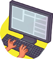 IMAGEM: um aluno monta uma apresentação de eslaides em um computador. FIM DA IMAGEM.