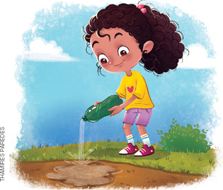 IMAGEM: em um ambiente aberto, uma menina despeja a água de uma garrafa em um terreno de terra. FIM DA IMAGEM.